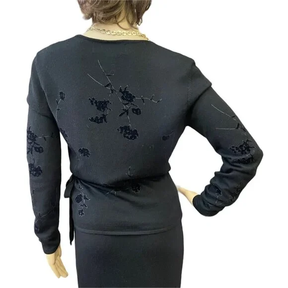 Jones New York Top Size 0P Black Wrap Knit Velvet Floral Vintage 1990s Elegant - Picture 3 of 14